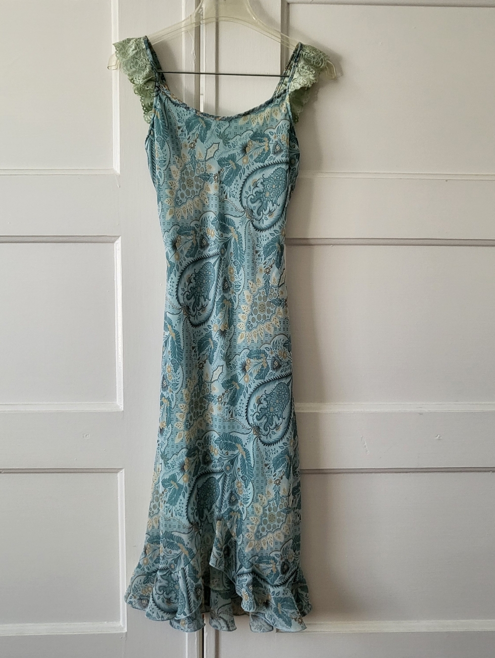 Vintage 90s New Channel Light Blue Paisley Midi Slip Dress Ruffle Size S